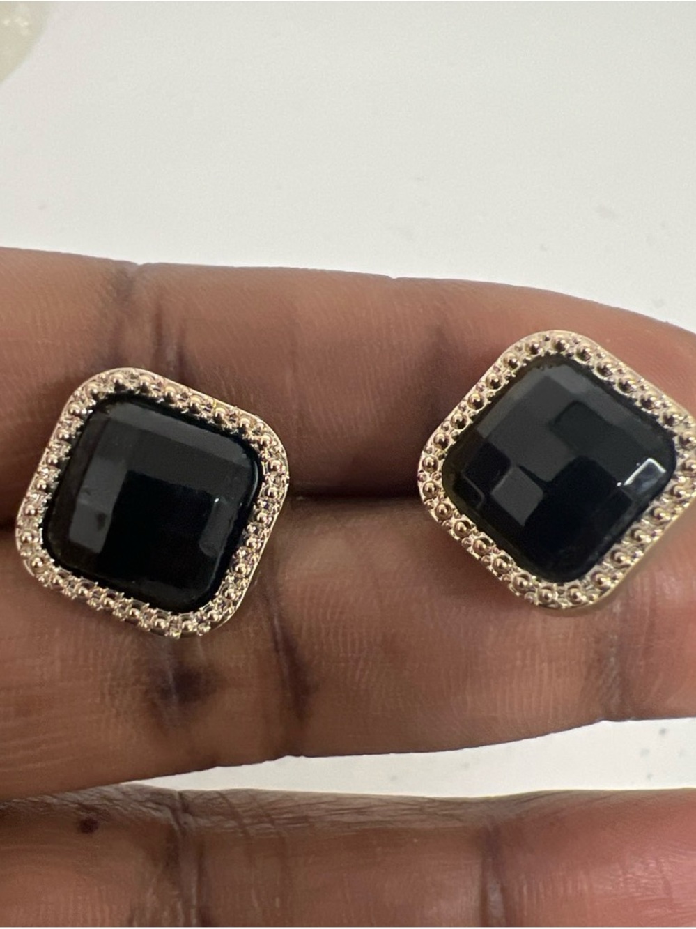 Black Square Crystal Stud Earrings with Gold-Tone Halo